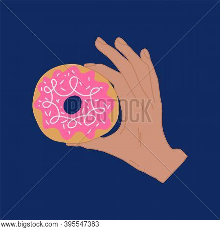 Illustration Of Sweet Candy Donuts. Hand-drawn In The Flat Style. Hand Of A Man With A Doughnut And 