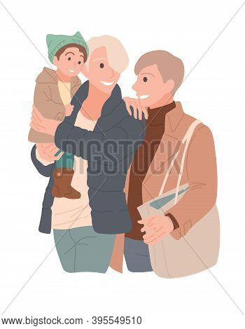 Same-sex Family With A Child On Walk To Store. Two Men Love Each Other And Spend Time Together. Lgbt