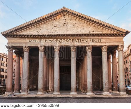 Pantheon roman temple facade, Piazza della Rotonda, Rome, Italy. Latin inscription reads: 