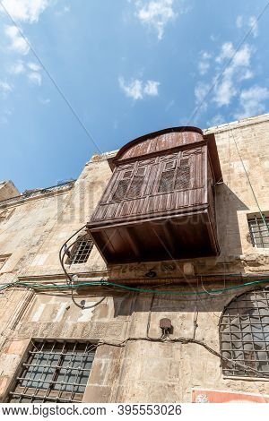 Jerusalem, Israel, November 14, 2020 : Decorative Wooden External Balcony On The Wall Of A Building 