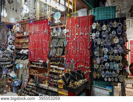 Jerusalem, Israel, November 14, 2020 : Souvenir Shop At The Oriental Bazaar In Muristan District In 