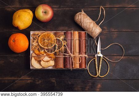 Gift With Healthy Sweets. Packaging Boxes With Sweet Fruit Snacks - Pastilles And Dried Fruit. Fruit
