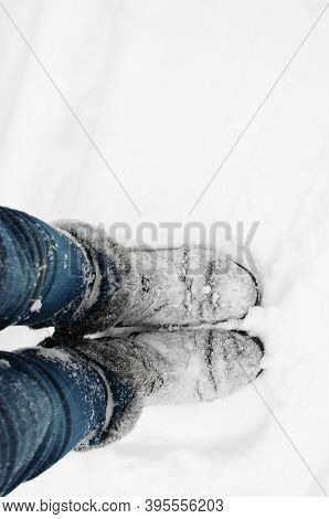 Feet In Winter Boots. Valenki Are Covered With Snow.