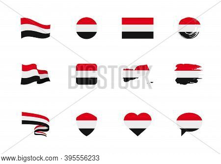 Flags Of Yemen - Flat Collection. Flags Of Different Shaped Twelve Flat Icons.