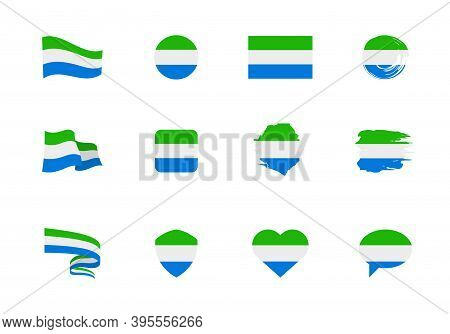 Flags Of Sierra Leone - Flat Collection. Flags Of Different Shaped Twelve Flat Icons.