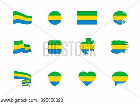 Flags Of Gabon - Flat Collection. Flags Of Different Shaped Twelve Flat Icons.