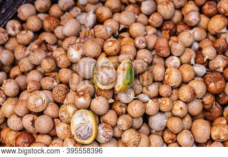 Kadenahalli, Karnataka, India - November 3, 2013: Closeup Of Heap Of Freshly Peeled Betel Nuts With 