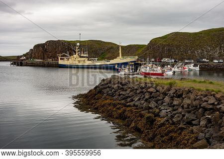Stykkisholmur, Iceland - July 9, 2014: Harbour With Ships And Vessels Including Sh201 Gullholmi In S
