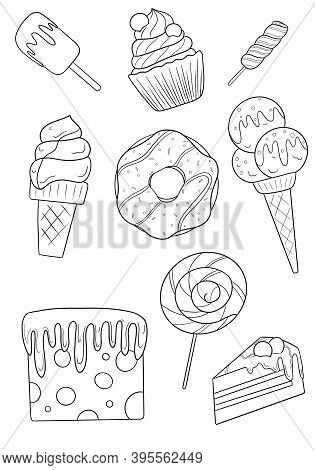 Beautiful Childrens Coloring Book With Delicious Sweet Foods, A Set Of Stickers From The Contours Of
