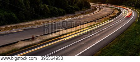 Lights Of Cars With Night. Long Exposure