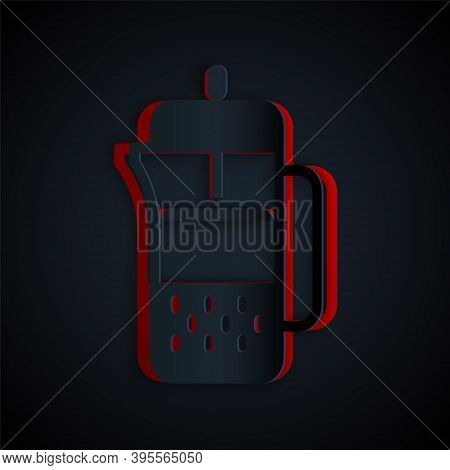 Paper Cut French Press Icon Isolated On Black Background. Paper Art Style. Vector