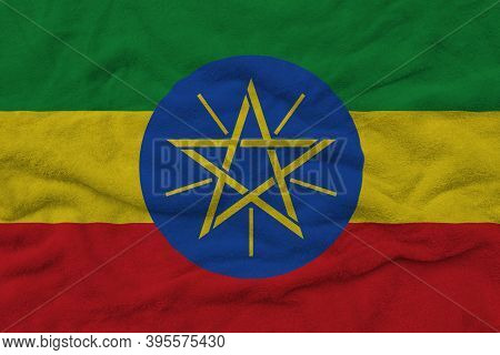 Ethiopian Flag Pattern On Towel Fabric, National Flag Of Ethiopia On Fabric Texture.