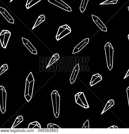 White Crystals On Black Background Vector Seamless Pattern