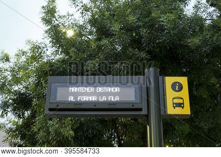 Buenos Aires / Argentina; Nov 14, 2020: Text Keep Your Distance When Queuing, At A Bus Stop, During 