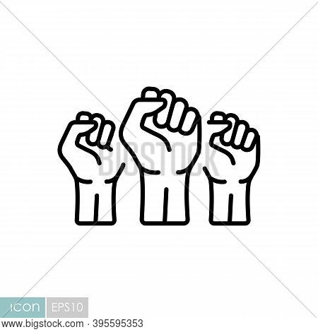 Three Clenched Fists Raised In Protest Vector Icon. Protest, Strength, Freedom, Revolution, Rebel, R