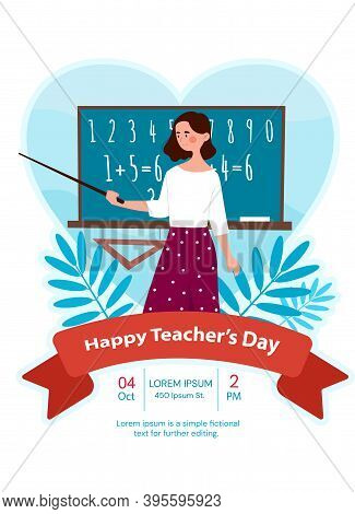 Happy Teachers Day Concept. Woman Teacher With Poiner Standing In Front Of School Board. Banner, Gre