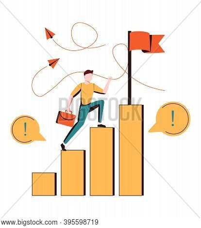 Happy Businessman Ascending Stairs And Celebrating Financial Success. Concept Of Business Achievemen