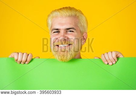 Discount Sale Or Season Sales. Smiling Man Show Clear Green Paper