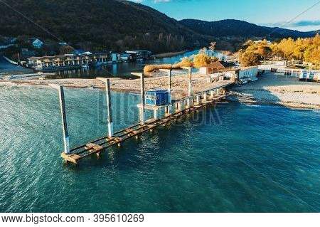 Aerial View Of Arkhipo-osipovka Beach And Old Concrete Pier, Black Sea Coast, Resort For Vacations A