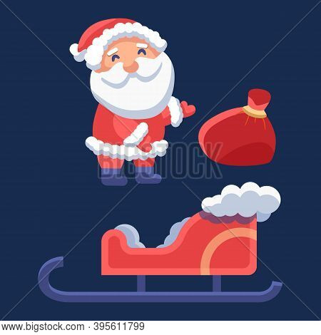 Santa Claus With Sledge On Navy Blue Backdrop. Christmas Holiday Postcard For Invitation Or Gift Car