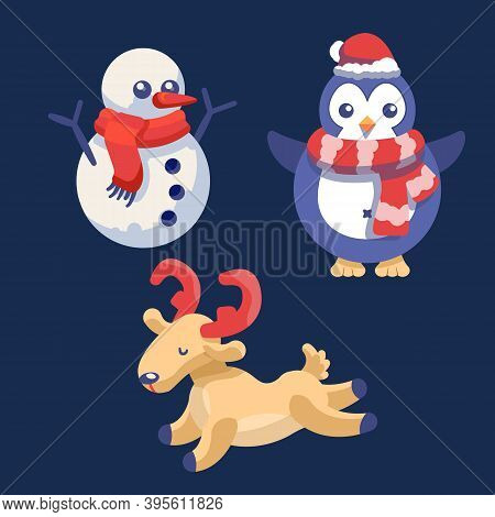Snowman, Deer And Penguin On Navy Blue Backdrop. Christmas Holiday Postcard For Invitation Or Gift C