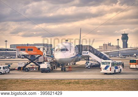 Narita, Japan - Feb 03, 2020: The Area Of The Narita Airport In Tokyo. Plane Parking At Narita Airpo