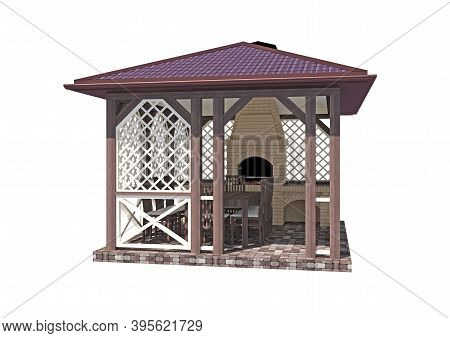 Garden Design. Wooden Gazebo On A White Background. Garden Plot. 3d Rendering.