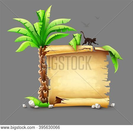 Old yellow paper manuscript scroll, palms leaves and monkey silhouette from tropical island. Tropical vojage travel banner concept. Ancient script document. Isolated on gray background..