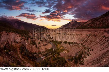 Aerial Panoramic View Of A Beautiful Valley Surrounded By Canadian Mountain Landscape. Dramatic Colo