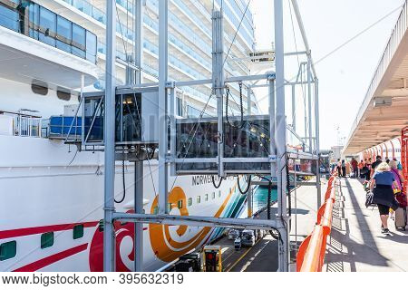 San Pedro, California - October 11 2019: Passenger Boarding Bridge Connects Norwegian (ncl) Joy Ship