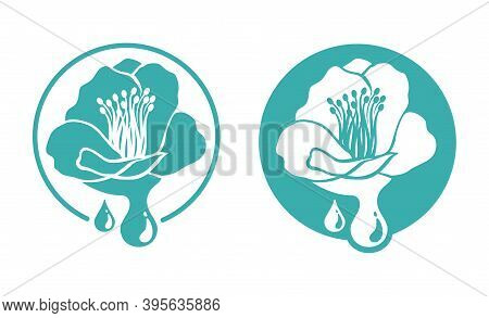 Camelia Japonica Extract - Tsubaki Oil Icon - Flat Monochrome Stamp With Wlower And Drop - Useful An