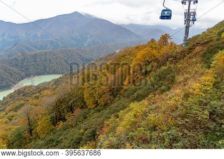 View Of Mountains And Valleys From The Dragondola (naeba-tashiro Gondola) In Autumn Foliage Season. 