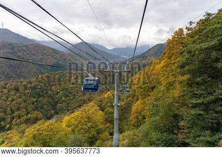 View Of Mountains And Valleys From The Dragondola (naeba-tashiro Gondola) In Autumn Foliage Season. 