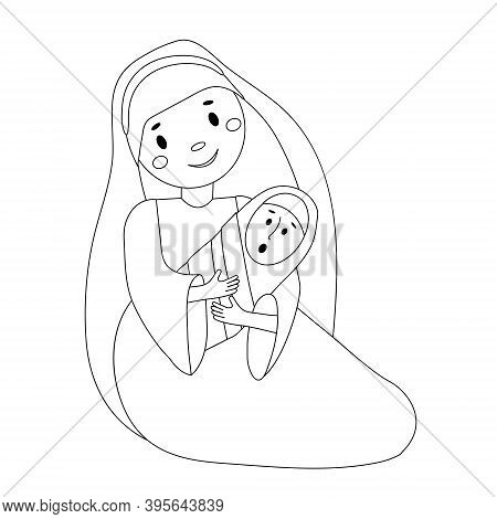 A Christmas Nativity Coloring Scene Cartoon. Virgin Mary Holding Baby Jesus.