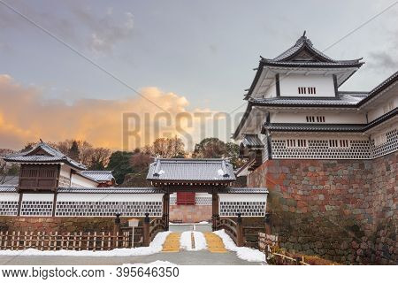 Kanazawa, Japan at Kanazawa Castle on a winter dusk.