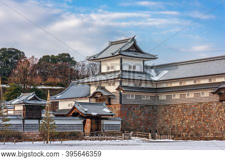 Kanazawa, Japan at Kanazawa Castle on a winter dusk.