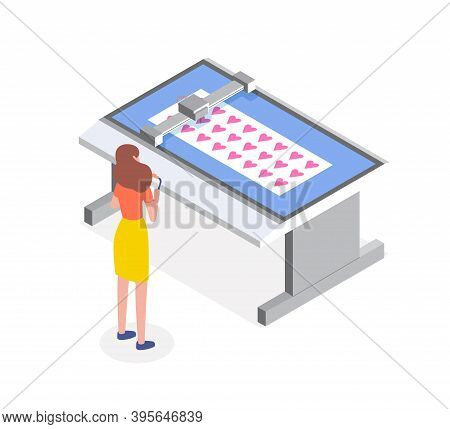 Female Character Controlling The Work Process Of Laser Cutter Or Engraving Machine. Printing House P