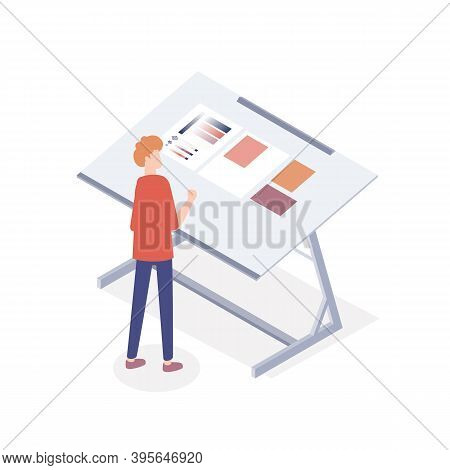 Male Typographer Working At Desk With Color Palette. Process Of Offset Sample Proof At Printshop. Ma