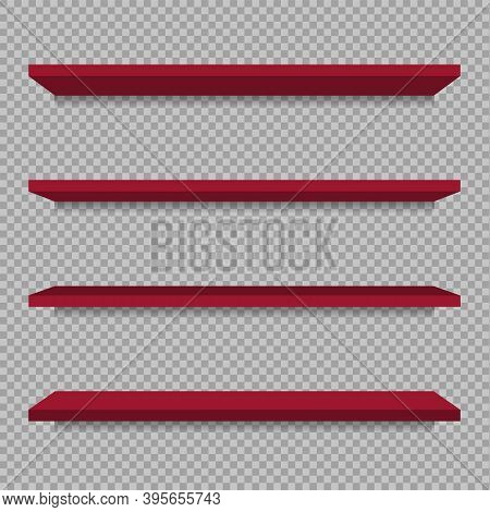 Red Shop Product Shelves. Blank Empty Showcase Display, 3d Supermarket Retail Shelves. Bookcase Stor