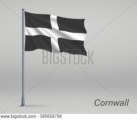 Waving Flag Of Cornwall - County Of England On Flagpole. Templat