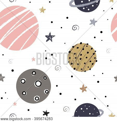 Cute Nursery Seamless Pattern With Space Elements: Galaxy, Planets And Stars Hand Drawn In Scandinav