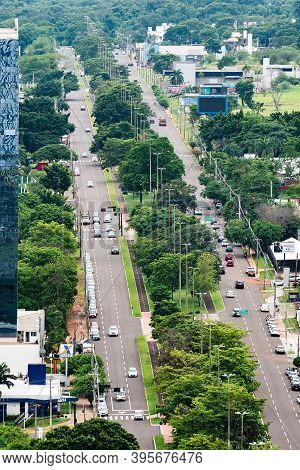 Campo Grande - Ms, Brazil - November 12, 2020: Aerial View Of The Highs Of Afonso Pena Avenue. Large