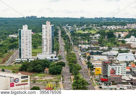 Campo Grande - Ms, Brazil - November 12, 2020: Aerial View Of The Highs Of The Afonso Pena Avenue An