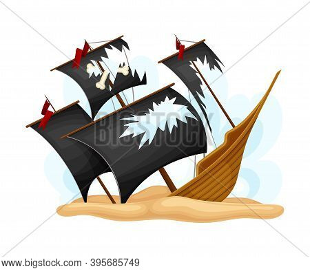 Ruined Pirate Ship Or Vessel With Ripped Black Sail Rested On Sand Vector Illustration