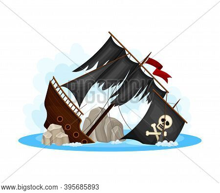 Wreckage Of Pirate Ship Or Vessel With Ripped Black Sail Vector Illustration