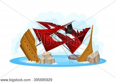 Wreckage Of Pirate Ship Or Vessel With Ripped Red Sail Vector Illustration