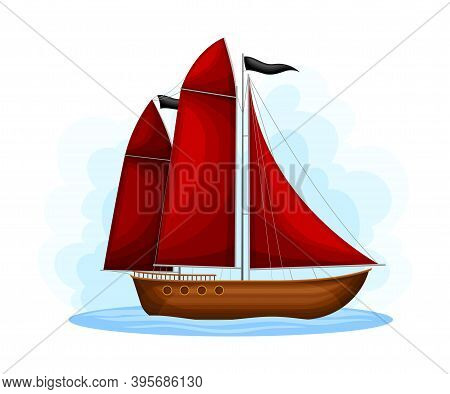 Wooden Pirate Ship Or Vessel With Red Sail Vector Illustration
