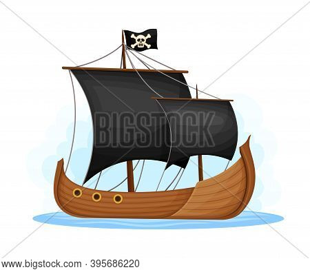 Wooden Pirate Ship Or Vessel With Black Sail And Crossbones Vector Illustration