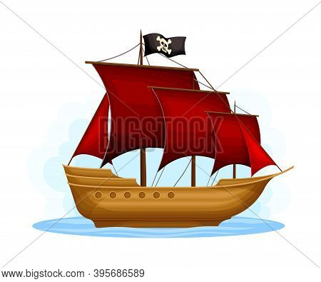 Wooden Pirate Ship Or Vessel With Red Sail Vector Illustration