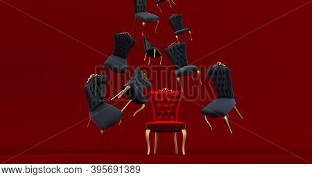 The Royal Throne In The Room With Falling Black Chair. Red Carpet Leading To The Luxurious Throne, P